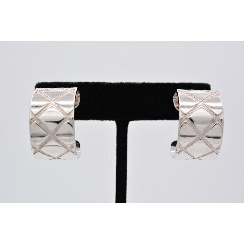 Vintage Clip On Hoops Earrings Chunky Silver Tone Quilted Thick 1990s BinAV